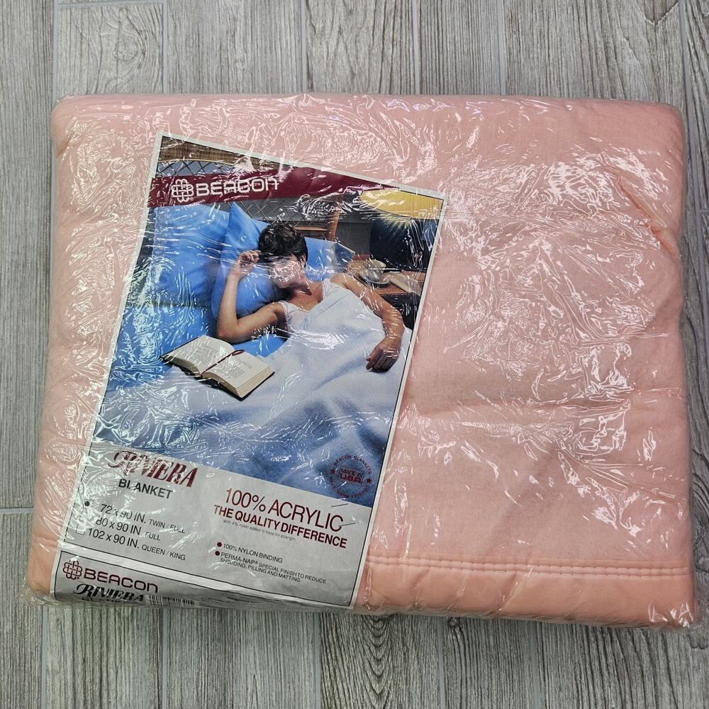 Vintage Beacon Riviera Pink Blanket 72x90 Twin / Full‎ NOS Made In USA